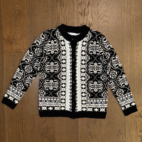 Vintage Fair Isle Grandma Sweater Cardigan Black White and Blue Size Large - Picture 1 of 4